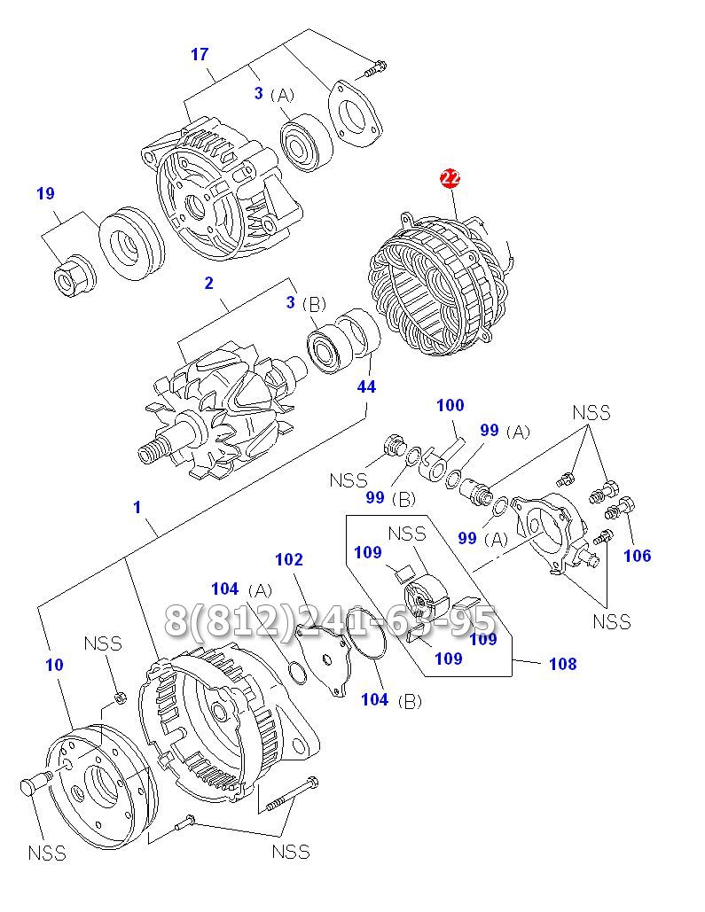Обмотка (статор) генератора 24V / 80A Isuzu NQR71/75, 4HG1-T/4HK1-T