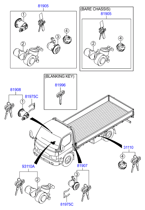 Комплект ключей и цилиндра замка Hyundai HD 78